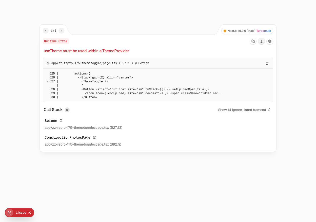 Next.jsの実行時エラー画面。「useTheme must be used within a ThemeProvider」と表示され、ThemeToggle を置いている行が指されている